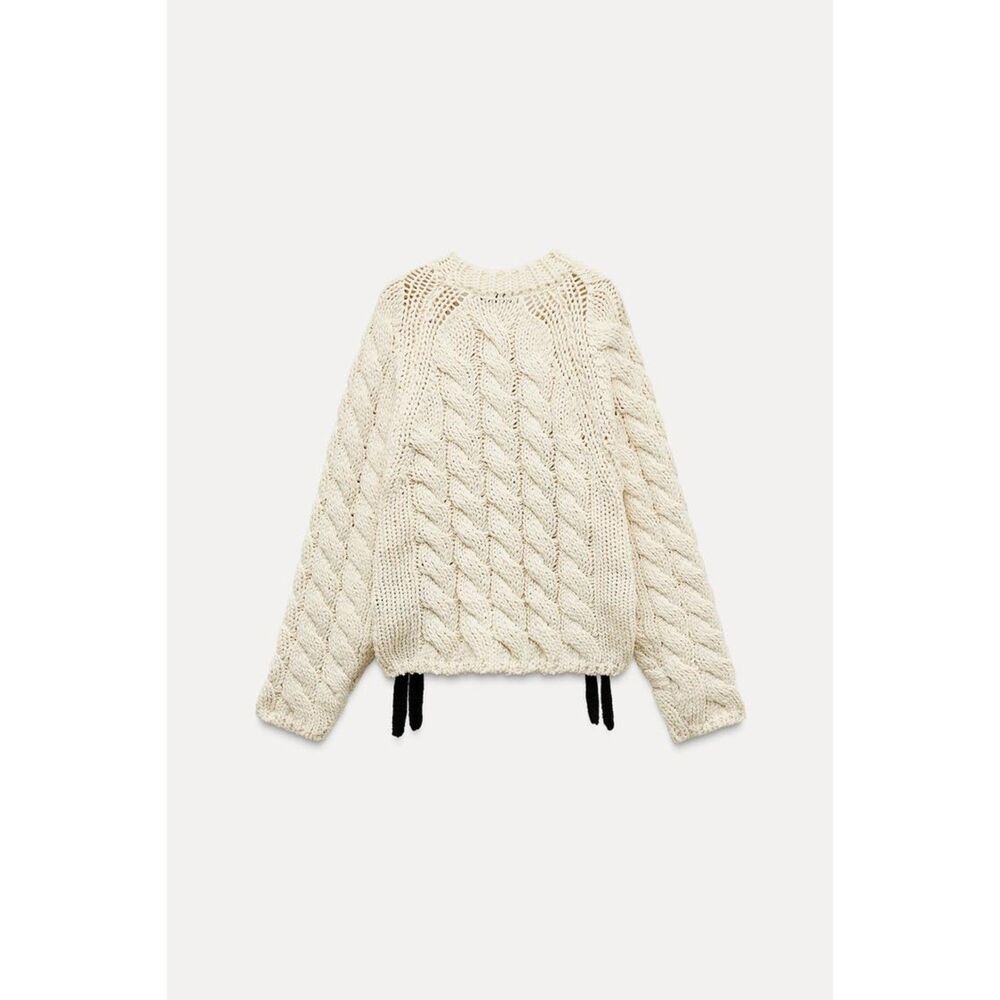 Cream Zara Side Vents Ties Chunky Knit Long Sleeve Pullover Sweater (NWT) - Picture 4 of 10